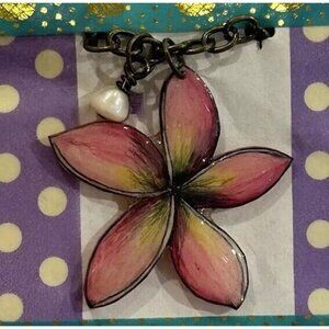 Necklace Hawaiian Flower Tiki Brass Pearl Freshwater Art Island Resin Handmade